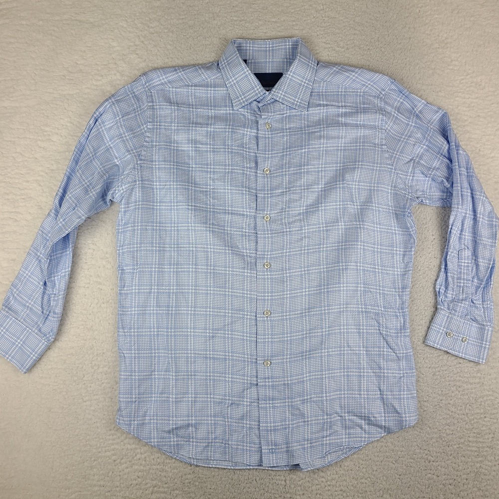 David Donahue Dress Shirt Mens 17 32/33 Blue Plaid Trim Fit Cotton Button Up